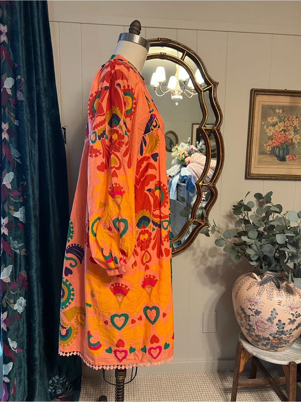 Bright Coral Embroidered Boho Midi Dress 100% cotton - Picture 8 of 15